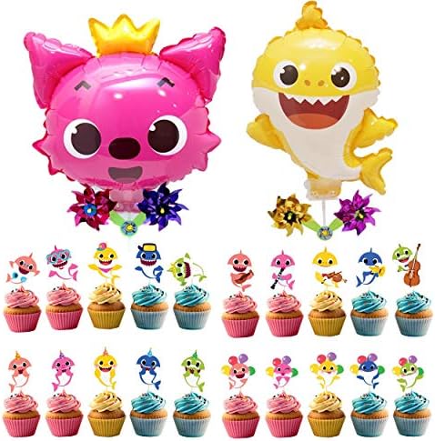 Pinkfong Baby Shark Pink Fox Balloon with Pinwheel 2pcs+ 20 pieces Baby Shark Balloon/Birthday/Dance/Music Cupcake Toppers 20 colors Double Side Birthday Picnic Baby Shark Party Supplies