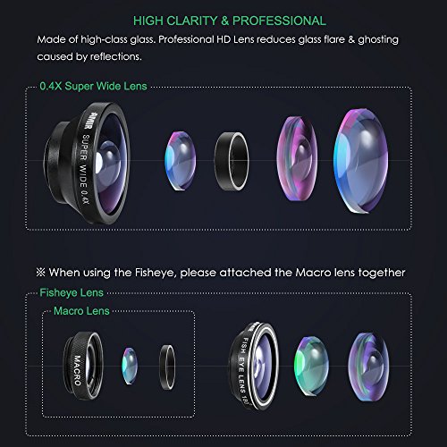 AMIR Camera Lens Kit, 0.4X Super Wide Angle Lens + 180° Fisheye Lens & 10X Macro Lens (Attached Together), Clip on 2 in 1 Cell Phone Lens for iPhone 8, 7, 6s, 6, 5s & Samsung & Smartphones Electronics, Camera & Photo, Accessories, Lens Accessories, Lens Supports