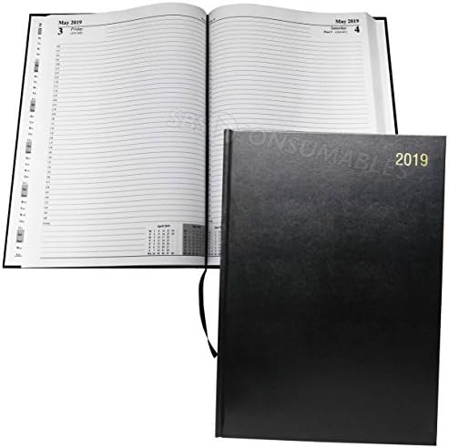 2019 1 Page per Day Appointment Diary. A4 Black Yearly Case Bound Planner. Free SBS Consumables Pen. 15 Minute Appointments. A41A