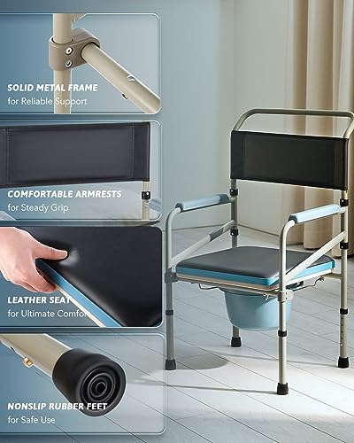 VONOYA Lightweight Bedside Commode w Removable Seat Pad, Portable Foldable Commode Chair with Built-in Toilet for Disabled People The Elderly & Others up to 150 kg, Adjustable Height Folding Stool