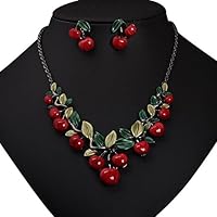 HUAhuako Chic Bridal Necklace Earrings, 1 Set Vintage Red Cherry Fruit Jewelry Set