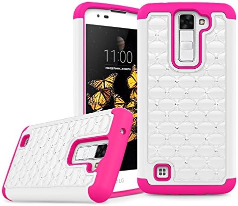 LG K8 Case [Not for LG K8 V LG K8V], LG Escape 3 Case, LG Phoenix 2 Case, MPCE Heavy Duty Hybrid Armor Protective Case Silicone Cover with Studded Rhinestone Bling Hard Case for LG K8 (Hot Pink)