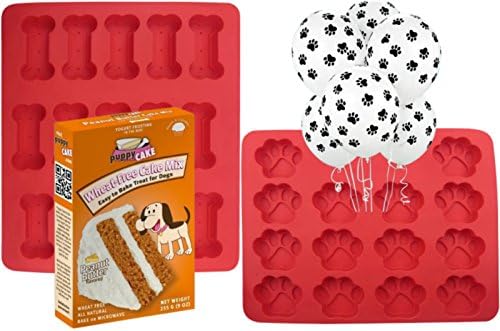 Dog Paws + Bones Silicone Molds for Baking Dog Treats - 2 pack|Birthday Cakes For Dogs|Wheat-Free Peanut Butter Cake Mix and Frosting for Dogs |6-pack Dog Print Balloons| Birthday Supplies For Dogs