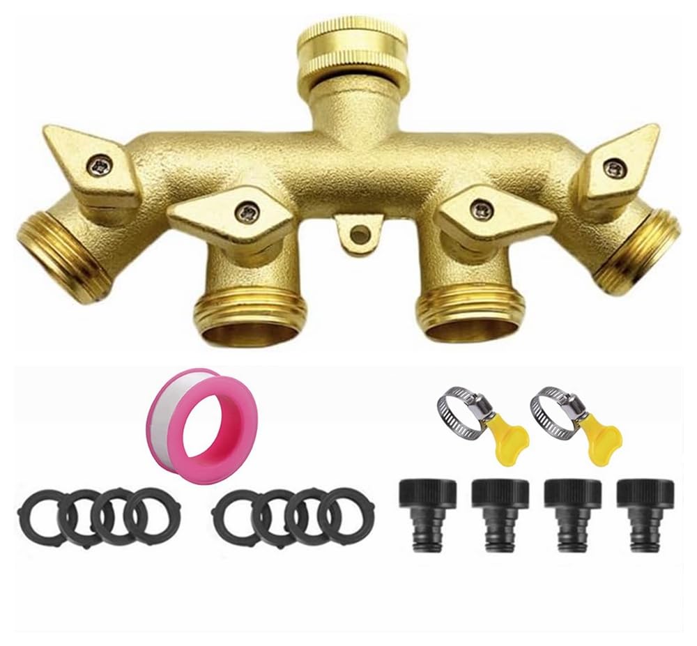 4 Way Brass Tap Connector,Hose Pipe Splitter 3/4 Inch Hose Connector with Individual Shut Off/ON Valve for Gardening Irrigation
