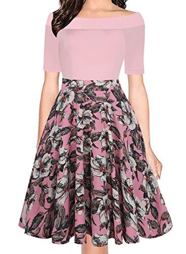 oxiuly Women's Vintage Casual Off Shoulder Pockets Cocktail Work Swing Dress 232 (L, Pink)