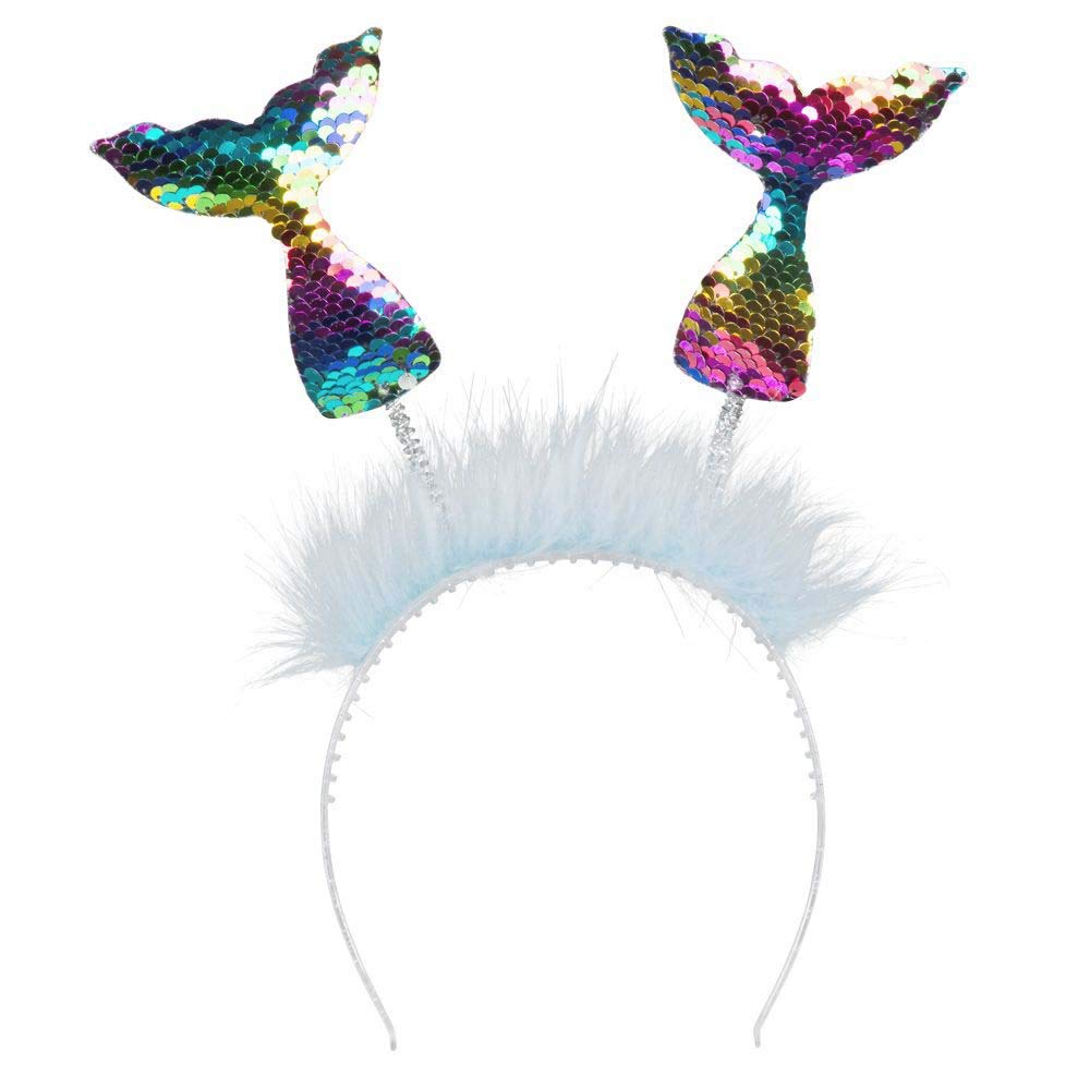 Boland 51021 – Mermaid Tiara, 1 Piece, One Size, Multicoloured Sequins, 2 Tail Fins on Headband with White Plush, Rainbow, Mermaid Headpiece, Accessory, Costume, Fancy Dress