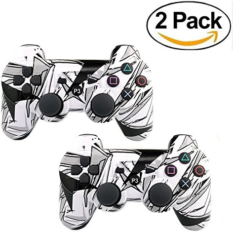 [2 Pack] Wireless Double Vibration Game Controller Camouflage Bluetooth Sixaxis Gamepad Remote for PS3 Playstation 3 [Gift 2 Charging-Cable] (Black-White Camouflage)