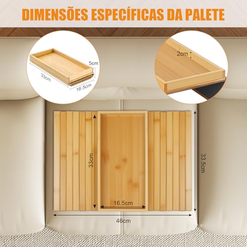 Mesa de Braço de Sofá 2 em 1, Bandeja de Braço de Sofá de Bambu, Bandeja Dobrável para Apoio de Braço