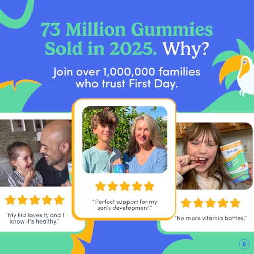 First Day Kids Multivitamin Gummies Age 4+, Strawberry & Orange - Kids Vitamins Multivitamin Gummy A C D3 K2 B1 B2 B6 B12 Folate, Immunity & Brain Function, Vegan - 30 Day Supply, Packaging May Vary