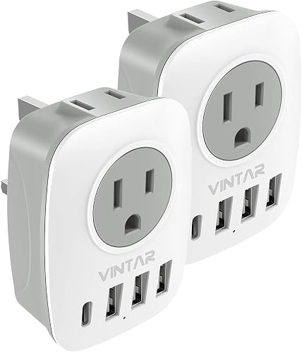 VINTAR 2 Pack Canada to UK Ireland Plug Adapter, Type G Travel Adapter | 2 AC Outlets, 4 USB Ports (1USB C), 6 in 1 Travel Essentials Charger, For Canada to England Scotland Singapore Dubai