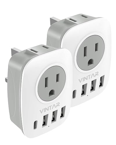 VINTAR 2 Pack Canada to UK Ireland Plug Adapter, Type G Travel Adapter | 2 AC Outlets, 4 USB Ports (1USB C), 6 in 1 Travel Essentials Charger, For Canada to England Scotland Singapore Dubai
