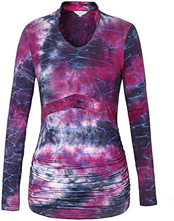 Women Formal Blouse,Long Sleeve Tie-dye Tops Red-Green 2XL
