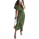 Women Elegant Satin Button Down Short Sleeve Maxi Shirt Dress with Belt