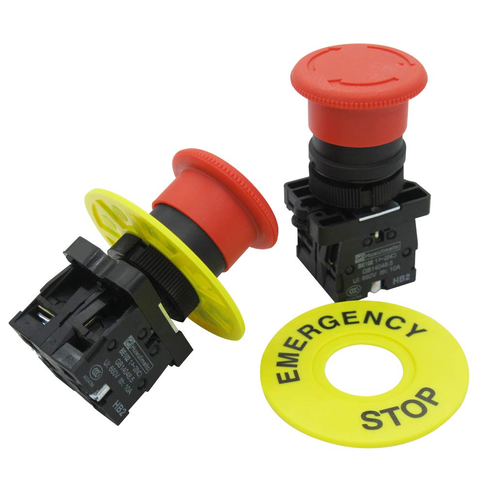 mxuteuk 2pcs 22mm Red Mushroom Switch AC 660V 10A 1NC 1NO Red Mushroom Emergency Stop Push Button Switch with Emergency Stop Sign ,1 Year Warranty HB2-ES545