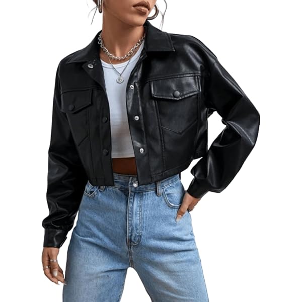 MakeMeChic Women's Faux Leather Crop Jacket Button Down