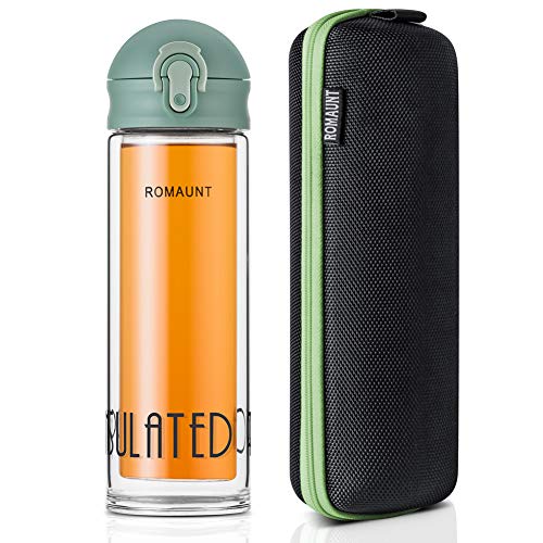 Tea Tumbler Travel Mug ROMAUNT Tea Infuser Water Bottle with Stainless Steel Filter for Loose Leaf, Fruit Infusions, Cold Brew Coffee 12 Oz/330 Ml Double Wall Design (Green)