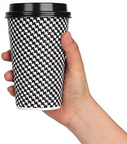 Disposable Hot Coffee Insulated Cups By Golden Spoon – 50 Pack Set Complete With Lids – Stylish Contemporary Ripple Design - Perfect For Take Away Coffee Shops And Bars (16 oz, Checkered Design)