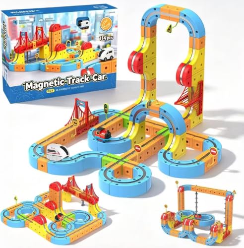 ORCHID M® Magnetic Train Set for Kids, 114 PCS 3D Infinity Flexible Race Track Toys with Infinity Magnetic Cars Electric Set, DIY Cube Track Building Toys,Train Sets for Boys Girls Gifts (1pcs Train)