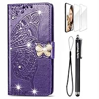 Moto Z4 Wallet Case, Handmade 3D Bling Diamond Butterfly & Butterflies Embossed Leather Stand Flip Folio Phone Cover with Stylus Pen & Screen Protector & Card Holder & Hand Strap for Motorola Z4