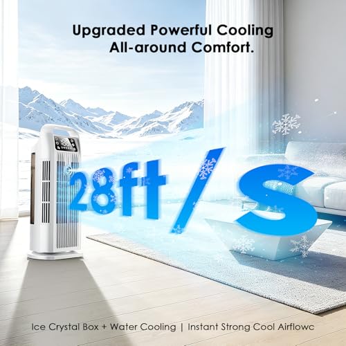 Portable Air Cooler, 6 in 1 Air Conditioner 1200ML Evaporative Air Cooler with Remote Control, 120° Oscillating 4 Speeds 12H Timer Mist Spray Tower Fan for Home Office（Off White）