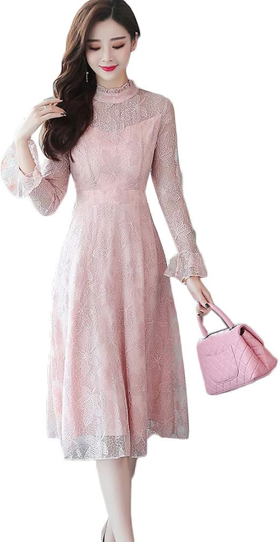 Amazon Jinpin レディース レースドレス ワンピース 総レース ミモレ丈 長袖 パーティドレス フレア シースルー 裏地あり フォーマル 通勤 お呼ばれ 二次会 披露宴 結婚式 パーティー ブライダル パーティードレス 通販