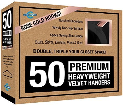 Wardrobe Complete Premium Heavy Velvet Hangers - Super Thin Space Saving Non-Slip Best for Dresses, Suits & Shirts Rose Gold Hooks, Black, Pack of 50