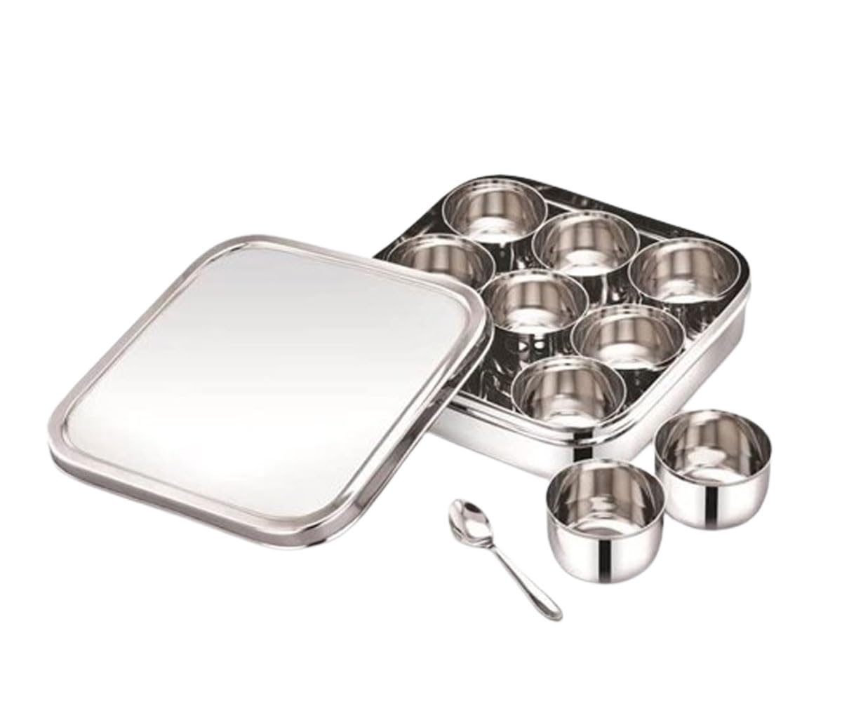 Satre Online and Marketing Square Stainless Steel 9-Compartment Spice Box with Steel Lid, Spoon, Silver, 9.2 x 9.2 x 2.1 Inches