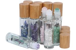 Wresty 10ml Roll On Bottle With Gemstone Rollerball&Crystal Chips Inside,10 Packs Glass Roller Bottles Essential Oil Sample Bottles(Bamboo Lids)
