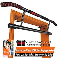 AmazeFan Pull Up Bar Doorway with Ergonomic Grip - Fitness Chin-Up Frame for Home Gym Exercise - 2 Replaceable Accessories - 2 Professional Quality Wrist Straps + Workout Guide -No Installation Needed