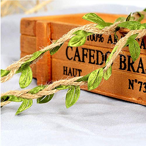Ariskey Burlap Leaf Ribbo, 164Feet/50Meters Natural Jute Twine with Green Leaves for Wedding Packing and Garden Decoration Twine