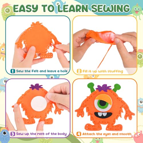 12 Pieces Sewing Kit Children Felt Craft Kit for Beginners, Complete Set of Sewing Monster Felt, DIY Sewing Gift Girls 6 7 8 9 10 Years