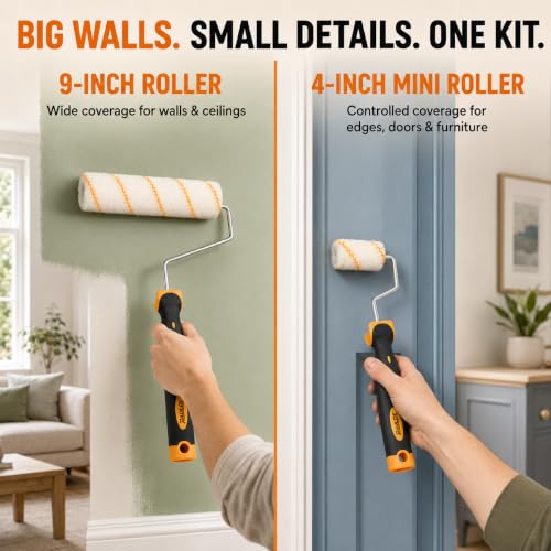Raulde Paint Roller Set of 10 - Paint Rollers and Trays Set - Roller Sets for Painting - Paint Brush and Rollers for Painting - Wall Paint Roller - Home Painting Kit