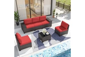 Delnavik Patio Furniture Set Sofa 6-Piece Wicker PE Rattan Sectional Sofa Set, Outdoor Furniture Patio Conversation Set with Glass Coffee Table and Cushions, Red