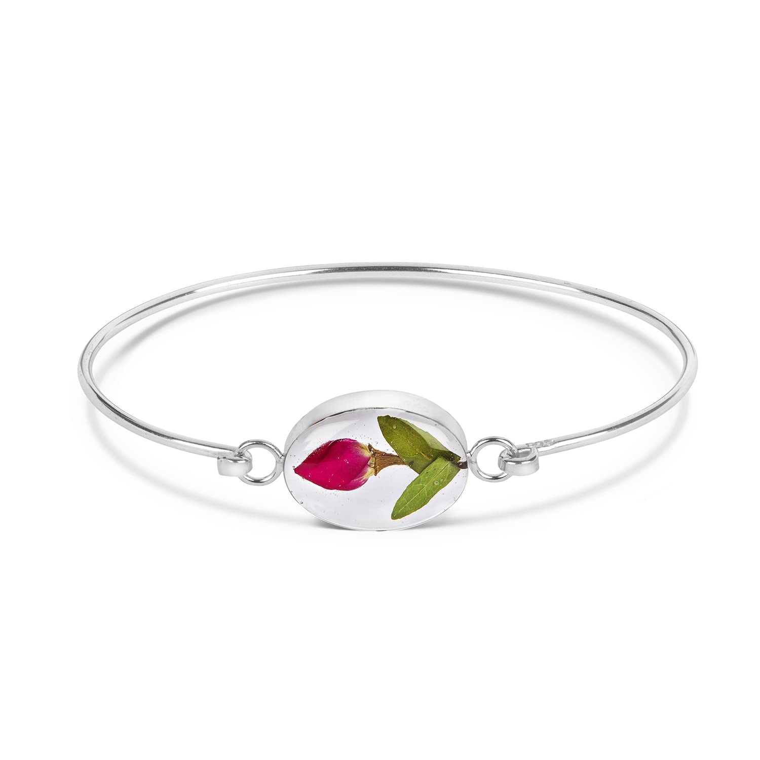 Natural Flower Jewellery Sterling Silver Oval Bangle Made with A Real Single Rose Bud