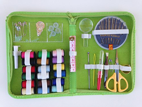 Sewing Kit with Buttons-Travel Organizer Kits-Best For Adults, Kids, Girls, Beginners-Green Luxury Leatherette Case-Small Starter Kit-Premium Quality Sewing Supplies-Emergency Preparedness-Survival Essentials