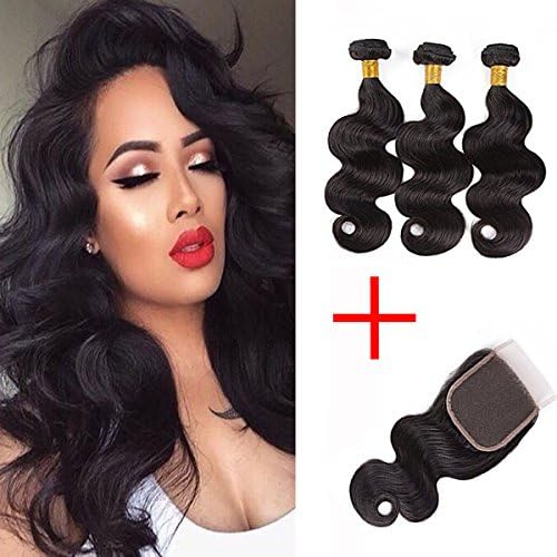 Brazilian Body Wave Bundles With Closure Unprocessed Virgin Hair 10 12 14 With Lace Closure 8 inch Free Part Extensions Natural Color (10" 12" 14" + 8)