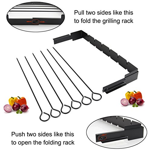 POLIGO Heavy Duty Barbecue Skewer Shish Kabob Set, 14” Stainless Steel Shish Kabob Skewers and Foldable Grill Rack - Great for Charcoal, Electric or Gas Grill (Set of 6 Skewers + Grill Rack) - Thumbnail 2