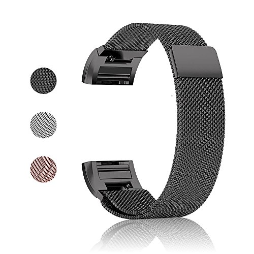 Fitbit Charge 2 Band-TENKER Adjustable Replacement Accessories Bands, Metal Wristband Band Strap - Stainless Steel Milanese Loop Metal Replacement Accessories Bracelet Strap (BLACK-L)