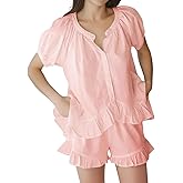 Xfileen Womens Fashion Summer Short Sets Short Sleeve Button Down Ruffle Trim Top and Shorts Cotton Pajama Sets