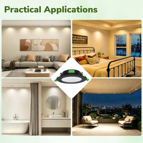 Laiebri Pack of 4 Recessed LED Spotlights Extra Flat 25 mm, 6 W, Dimmable 3 Intensities without Dimmer, 2700K 4000K 6000K, IP44 Portholes LED Ceiling, Cut Ø58-68 mm 230V, Black