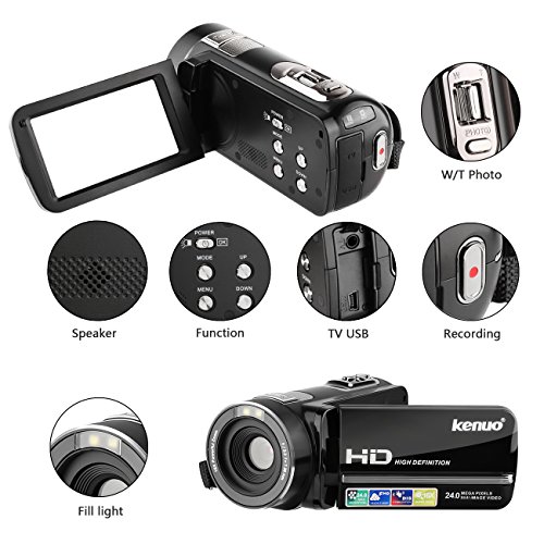 Camera Video Camera HD Camcorder,Kenuo 1080P 24MP HD Digital Recorder 3.0''TFT LCD Stabilization 270 Degree Rotation Screen Camera Bag Lithium Battery (Camera+Lens)