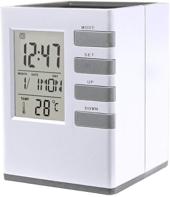 Pen Holder for Student, Office, Desk Supplies Organizer with Alarm Clock, Calendar, Thermometer/Hygrometer (Silver)