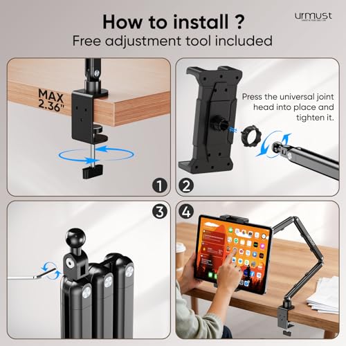 Urmust Tablet Holder Height Adjustable Aluminium Tablet Arm Holder with 360° Rotating Metal Base, iPad Holder Table Compatible with iPad Galaxy Tab Kindle & Monitor Holder from 4.7 Inch - 15.6 Inch