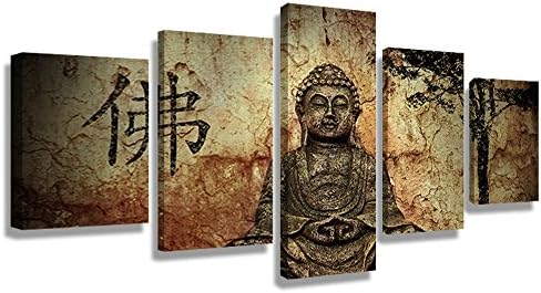 CrmArt 5 Panel Religion Buddha in Grotto with Chinese Fo Wall Art Painting Pictures Print On Canvas Religion The Picture for Home Modern Decoration(50" W x 28" H, Framed)