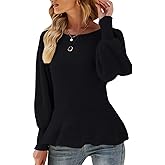 Womens Fall Puff Sleeve Peplum Casual Slim Fit Knit Pullover Sweater Jumper Tops