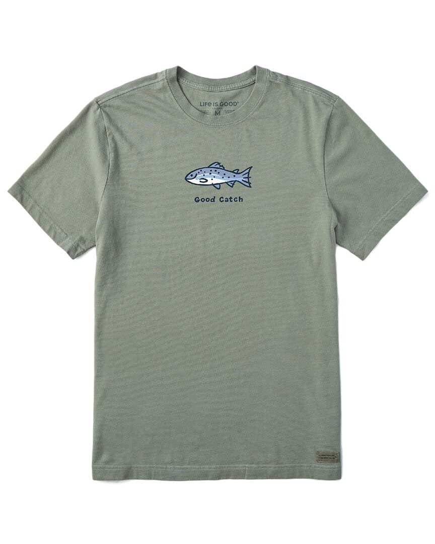 Life is Good Men's Crusher Tee Shirt, Short Sleeve Cotton Graphic T-Shirts, Good Catch Fish, Moss Green, Large Image