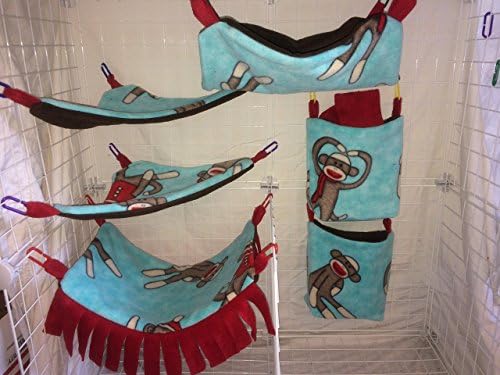 Complete Hammock Set For Rats, Sugar Gliders, Ferrets, or Other Small Pets - Featuring Sock Monkey Print Fleece