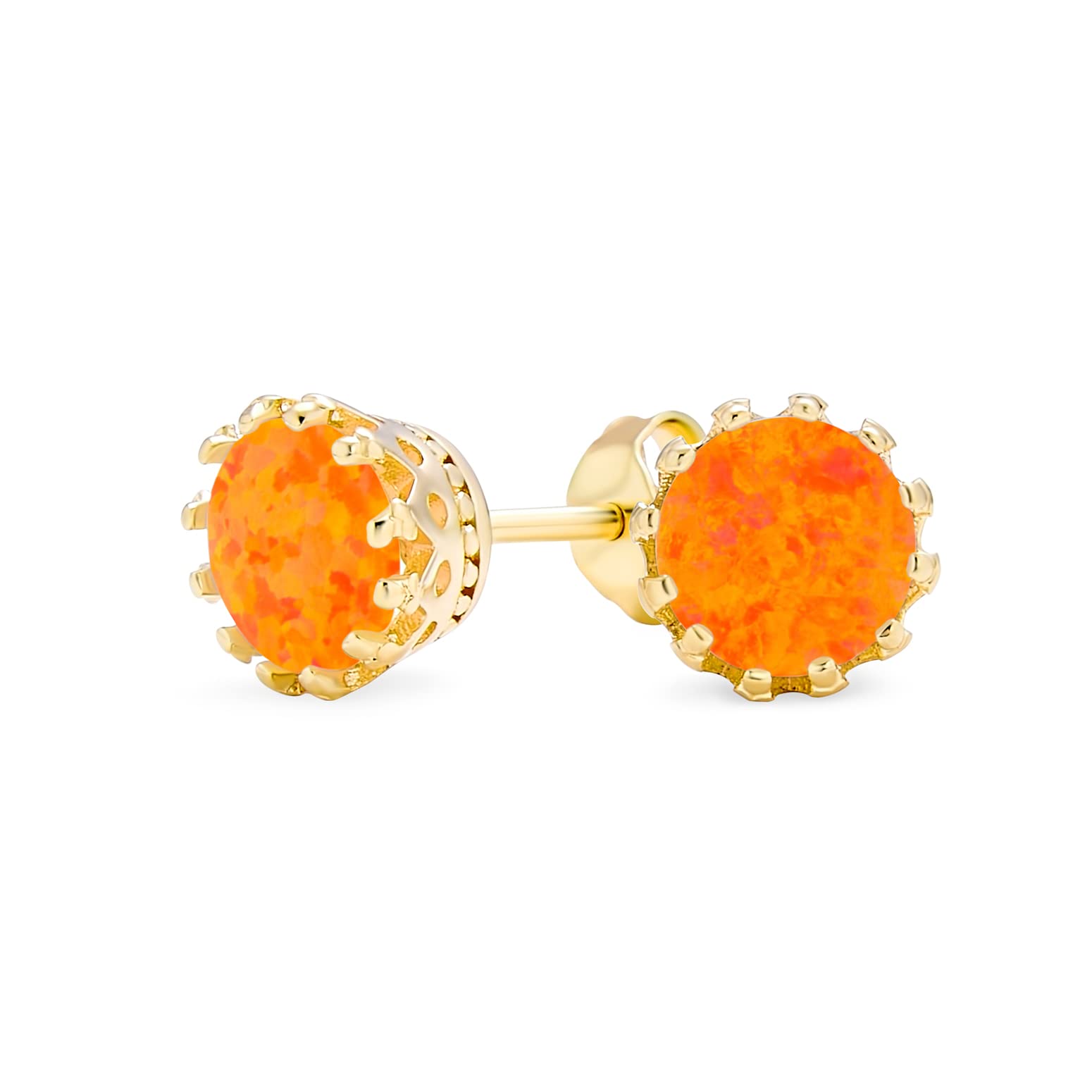 Iridescent Crown Setting Created Mexican Fire Orange Opal Solitaire Crown Stud Earrings Yellow Gold Plated .925 Sterling Silver Iridescent 6MM October Birthstone