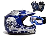 TMS? Youth Blue/Silver Skull Dirt Bike Motocross Helmet MX+Goggles+Gloves~L
