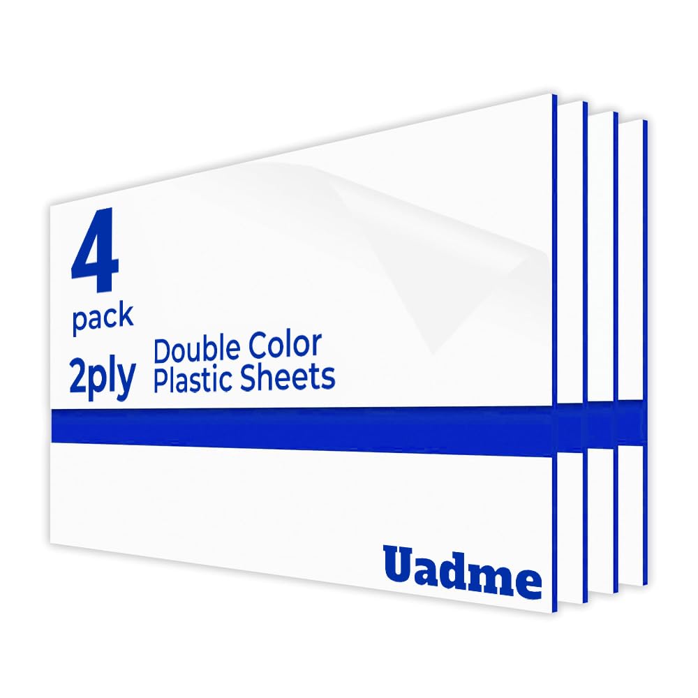 Uadme Blank Laser Engraving Materials, 12 x 8 inch White Panel Blue Core ABS Double Color Plastic Sheets 4Pcs, Customized Personalized Painting, Interior Signs, Badges, DIY Carving